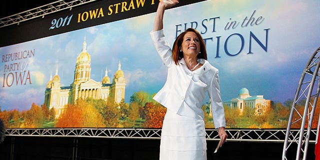 Saturday: Republican presidential candidate Rep. Michele Bachmann takes to the stage to speak at the Republican Party's Straw Poll in Ames, Iowa.
