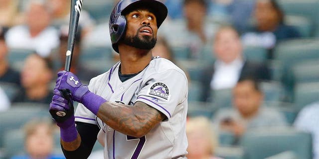 NEW YORK, NY - AUGUST 12: Jose Reyes #7 of the Colorado Rockies in action against the New York Mets at Citi Field on August 12, 2015 in the Flushing neighborhood of the Queens borough of New York City. The Mets defeated the Rockies 3-0. (Photo by Jim McIsaac/Getty Images)