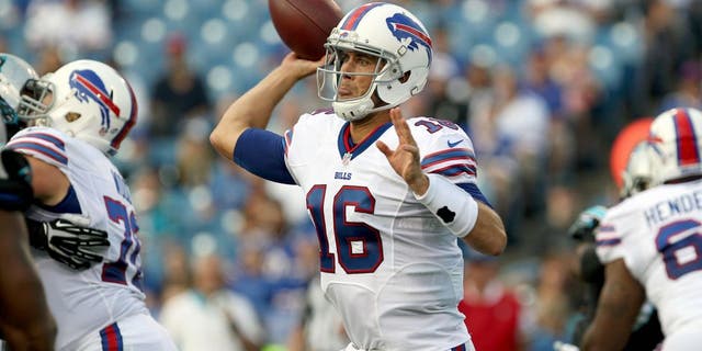 Aug 14, 2015; Orchard Park, NY, USA; Buffalo Bills quarterback Matt Cassel (16) looks to make a pass attempt during the first quarter against the Carolina Panthers in a preseason NFL football game at Ralph Wilson Stadium. Mandatory Credit: Timothy T. Ludwig-USA TODAY Sports