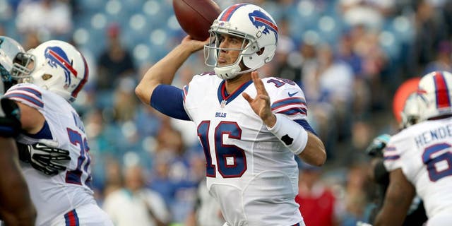 Aug 14, 2015; Orchard Park, NY, USA; Buffalo Bills quarterback Matt Cassel (16) looks to make a pass attempt during the first quarter against the Carolina Panthers in a preseason NFL football game at Ralph Wilson Stadium. Mandatory Credit: Timothy T. Ludwig-USA TODAY Sports