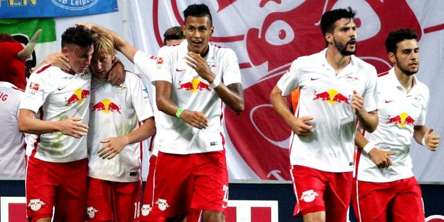 LEIPZIG, GERMANY - AUGUST 03: Emil Forsberg of Leipzig celebrates the fourth goal with teammates during the Second Bundesliga match between RB Leipzig and SpVgg Greuther Fuerth at Red Bull Arena on August 3, 2015 in Leipzig, Germany. (Photo by Karina Hessland/Bongarts/Getty Images)