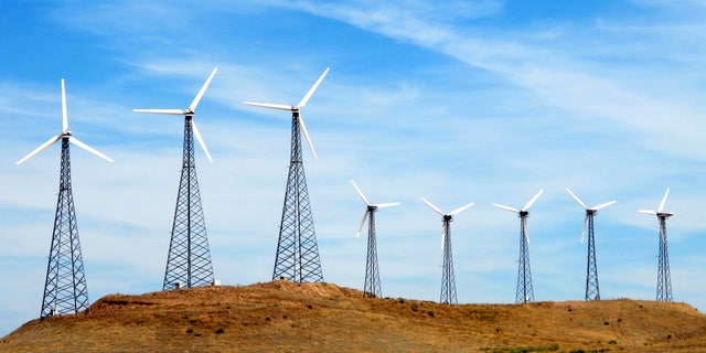 Wind Turbines on a wind farm in the Mojave Desert in South California.