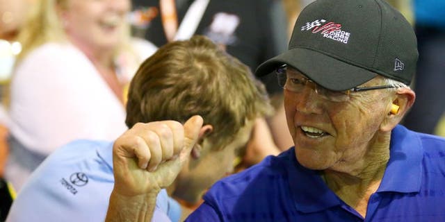CHARLOTTE, NC - MAY 24: Team owner Joe Gibbs celebrates after Carl Edwards, driver of the #19 Subway Toyota, wins the NASCAR Sprint Cup Series Coca-Cola 600 at Charlotte Motor Speedway on May 24, 2015 in Charlotte, North Carolina. (Photo by Sarah Crabill/NASCAR via Getty Images)