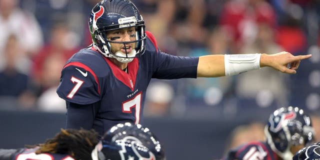 Aug 15, 2015; Houston, TX, USA; Houston Texans quarterback Brian Hoyer (7) gestures against the San Francisco 49ers in a preseason NFL football game at NRG Stadium. Mandatory Credit: Kirby Lee-USA TODAY Sports