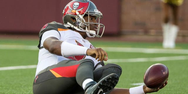 Aug 15, 2015; Minneapolis, MN, USA; Tampa Bay Buccaneers quarterback Jameis Winston (3) reacts after a sack during the first quarter in a preseason NFL football game against the Minnesota Vikings at TCF Bank Stadium. Mandatory Credit: Brace Hemmelgarn-USA TODAY Sports