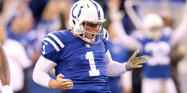 INDIANAPOLIS, IN - NOVEMBER 08: Pat McAfee #1 of the Indianapolis Colts celebrates after the 55 yard field goal by Adam Vinatieri during the game against the Denver Broncos at Lucas Oil Stadium on November 8, 2015 in Indianapolis, Indiana.