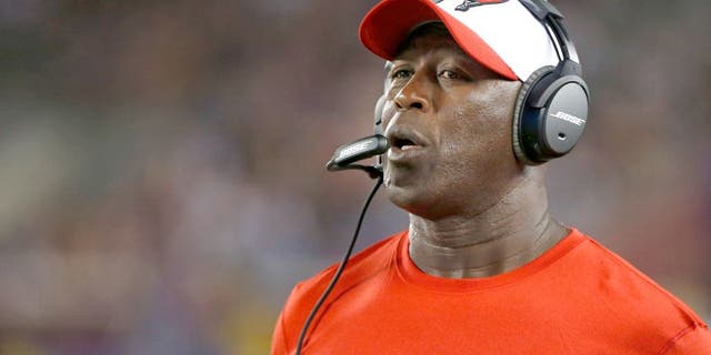 Aug 15, 2015; Minneapolis, MN, USA; Tampa Bay Buccaneers head coach Lovie Smith looks on during the preseason NFL football game with the Minnesota Vikings at TCF Bank Stadium. Mandatory Credit: Bruce Kluckhohn-USA TODAY Sports