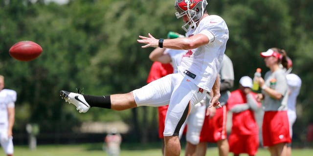 Aug 6, 2015; Tampa Bay, FL, USA; Tampa Bay Buccaneers punter Spencer Lanning (5) works out during training camp at One Buc Place. Mandatory Credit: Kim Klement-USA TODAY Sports