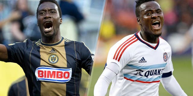 Jun 3, 2015; Philadelphia, PA, USA; Philadelphia Union forward C.J. Sapong (17) celebrates his goal against the Columbus Crew during the first half at PPL Park. Mandatory Credit: Bill Streicher-USA TODAY Sports Jun 3, 2015; Washington, DC, USA; Chicago Fire forward David Accam (11) celebrates after scoring a goal against D.C. United in the first half at Robert F. Kennedy Memorial Stadium. Mandatory Credit: Geoff Burke-USA TODAY Sports
