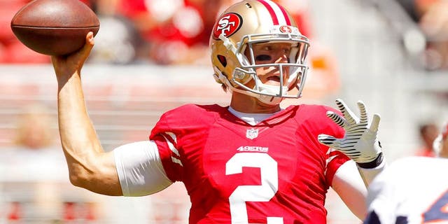 Aug 17, 2014; Santa Clara, CA, USA; San Francisco 49ers quarterback Blaine Gabbert (2) prepares to throw a pass against the Denver Broncos in the second quarter at Levi's Stadium. Mandatory Credit: Cary Edmondson-USA TODAY Sports