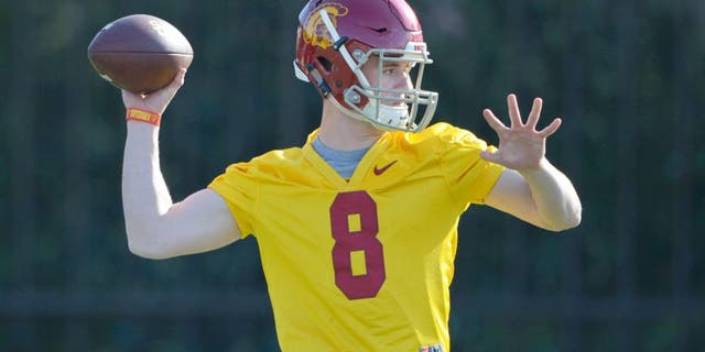 Mar 3, 2015; Los Angeles, CA, USA; Southern California Trojans quarterback Ricky Town (8) throws a pass at spring practice at Cromwell Field. Mandatory Credit: Kirby Lee-USA TODAY Sports