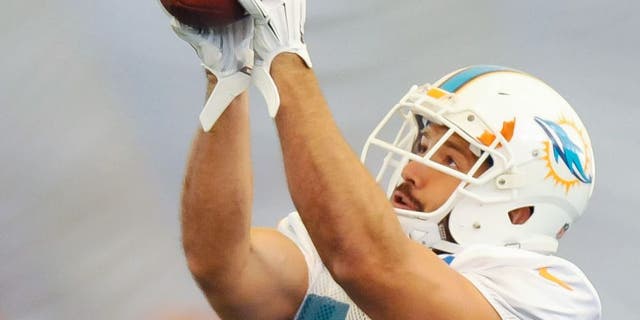 Aug 11, 2015; Davie, FL, USA; Miami Dolphins wide receiver Jordan Cameron (84) during training camp at Doctors Hospital Training Facility. Mandatory Credit: Steve Mitchell-USA TODAY Sports