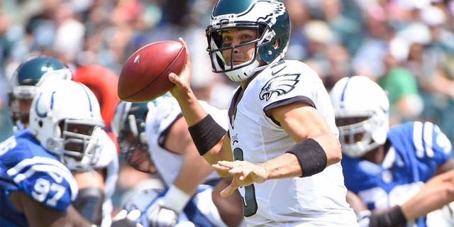 Aug 16, 2015; Philadelphia, PA, USA; Philadelphia Eagles quarterback Mark Sanchez (3) throws a pass against the Indianapolis Colts during the first quarter in a preseason NFL football game at Lincoln Financial Field. Mandatory Credit: Eric Hartline-USA TODAY Sports