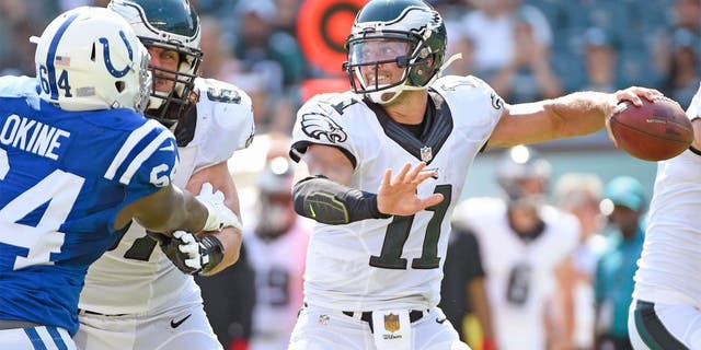 Aug 16, 2015; Philadelphia, PA, USA; Philadelphia Eagles quarterback Tim Tebow (11) throws a pass against the Indianapolis Colts in a preseason NFL football game at Lincoln Financial Field. The Eagles defeated the Colts, 36-10. Mandatory Credit: Eric Hartline-USA TODAY Sports