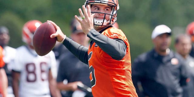 May 26, 2015; Cincinnati, OH, USA; Cincinnati Bengals quarterback AJ McCarron (5) looks to pass during OTAs at Paul Brown Stadium. Mandatory Credit: Aaron Doster-USA TODAY Sports