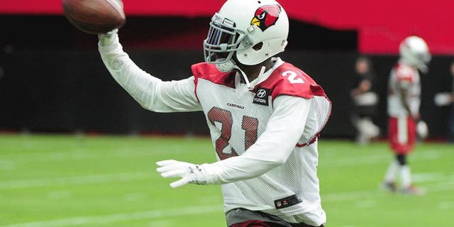 Aug 1, 2015; Glendale, AZ, USA; Arizona Cardinals cornerback Patrick Peterson (21) makes a one handed catch during training camp at University of Phoenix. Mandatory Credit: Matt Kartozian-USA TODAY Sports