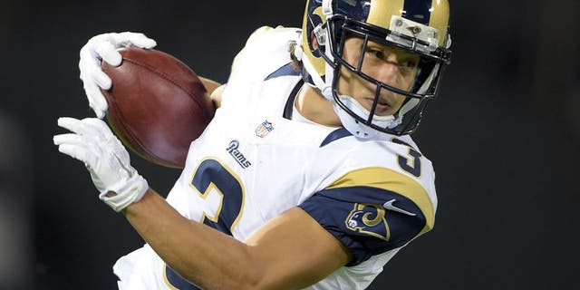 Aug 14, 2015; Oakland, CA, USA; St. Louis Rams receiver Daniel Rodriguez (3) returns a kickoff against the Oakland Raiders in a preseason NFL football game at O.co Coliseum. Mandatory Credit: Kirby Lee-USA TODAY Sports