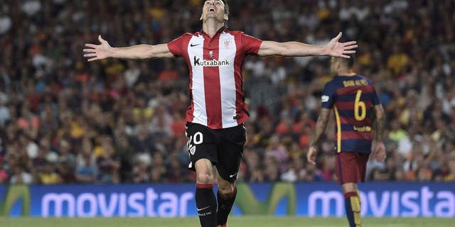 Athletic Bilbao's forward Aritz Aduriz celebrates his goal during the Spanish Supercup second-leg football match FC Barcelona vs Athletic club Bilbao at the Camp Nou stadium in Barcelona on August 17, 2015. AFP PHOTO / JOSEP LAGO (Photo credit should read JOSEP LAGO/AFP/Getty Images)