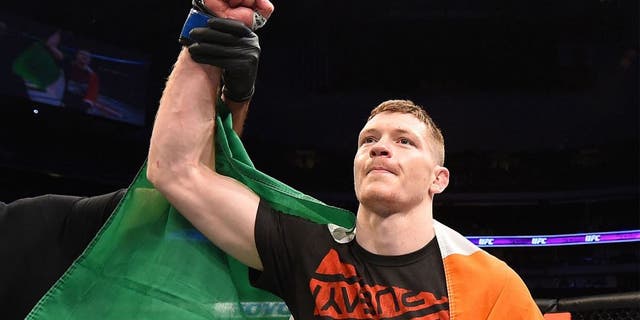 DALLAS, TX - MARCH 14: Joseph Duffy celebrates after defeating Jake Lindsey in their lightweight bout during the UFC 185 event at the American Airlines Center on March 14, 2015 in Dallas, Texas. (Photo by Josh Hedges/Zuffa LLC/Zuffa LLC via Getty Images)