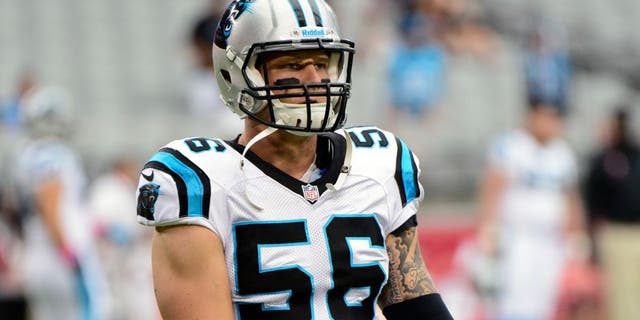 Oct 6, 2013; Phoenix, AZ, USA; Carolina Panthers linebacker A.J. Klein (56) during the game against the Arizona Cardinals at University of Phoenix Stadium. Mandatory Credit: Matt Kartozian-USA TODAY Sports