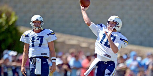 Aug 5, 2015; San Diego, CA, USA; San Diego Chargers quarterback Kellen Clemens (10) passes as quarterback Philip Rivers (17) looks on during minicamp at Chargers Park. Mandatory Credit: Jake Roth-USA TODAY Sports