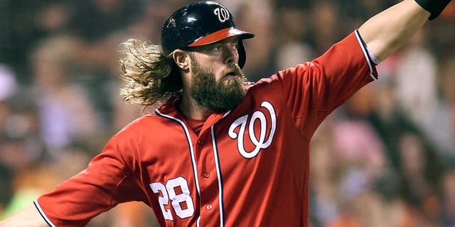 SAN FRANCISCO, CA - AUGUST 15: Jayson Werth #28 of the Washington Nationals is congratulated by Ian Desmond #20 after Werth scored against the San Francisco Giants in the top of the six inning at AT&T Park on August 15, 2015 in San Francisco, California. (Photo by Thearon W. Henderson/Getty Images)