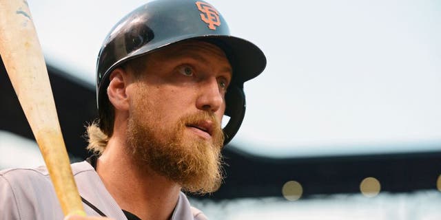 Aug 17, 2015; St. Louis, MO, USA; San Francisco Giants right fielder Hunter Pence (8) looks on during the first inning against the St. Louis Cardinals at Busch Stadium. Mandatory Credit: Jeff Curry-USA TODAY Sports