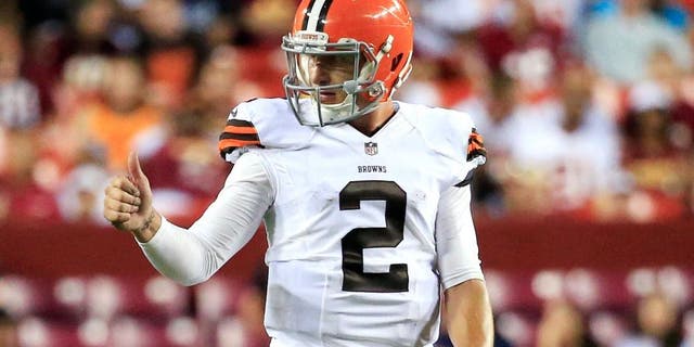 LANDOVER, MD - AUGUST 18: Quarterback Johnny Manziel #2 of the Cleveland Browns gives the thumbs up to the bench during the third quarter of a preseason game against the Washington Redskins at FedExField on August 18, 2014 in Landover, Maryland. (Photo by Rob Carr/Getty Images)