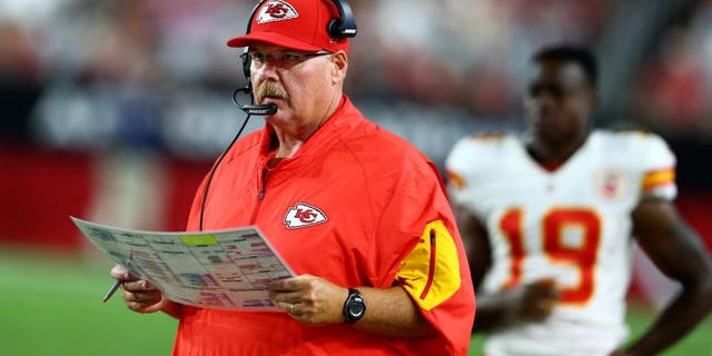 Aug 15, 2015; Glendale, AZ, USA; Kansas City Chiefs head coach Andy Reid on the sidelines in the second half against the Arizona Cardinals in a preseason NFL football game at University of Phoenix Stadium. Mandatory Credit: Mark J. Rebilas-USA TODAY Sports