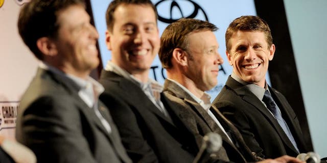 CHARLOTTE, NC - JANUARY 26: (R-L) Drivers Carl Edwards, Matt Kenseth, Kyle Busch, and Denny Hamlin look on during the NASCAR Sprint Media Tour at the Charlotte Convention Center on January 26, 2015 in Charlotte, North Carolina. (Photo by Jared C. Tilton/NASCAR via Getty Images)