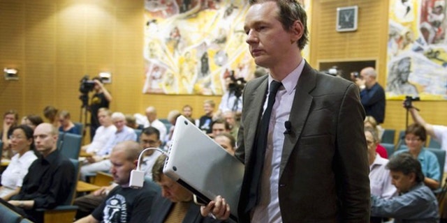 Aug. 14: WikiLeaks founder Julian Assange attends a seminar at the Swedish Trade Union Confederation headquarters in Stockholm.