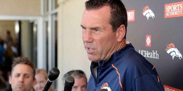 Aug 12, 2015; Englewood, CO, USA; Denver Broncos head coach Gary Kubiak speaks to the media following training camp activities at the UCHealth Training Center. Mandatory Credit: Ron Chenoy-USA TODAY Sports