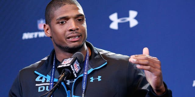 INDIANAPOLIS, IN - FEBRUARY 22: Former Missouri defensive lineman Michael Sam speaks to the media during the 2014 NFL Combine at Lucas Oil Stadium on February 22, 2014 in Indianapolis, Indiana. (Photo by Joe Robbins/Getty Images)