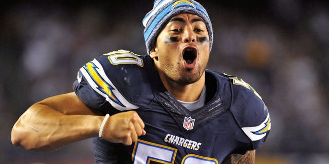 Aug 13, 2015; San Diego, CA, USA; San Diego Chargers inside linebacker Manti Te'o (50) reacts to a play in a preseason NFL football game against the Dallas Cowboys at Qualcomm Stadium. The Chargers won 17-7. Mandatory Credit: Orlando Ramirez-USA TODAY Sports