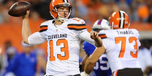Aug 20, 2015; Cleveland, OH, USA; Cleveland Browns quarterback Josh McCown (13) throws a pass during the first quarter against the Buffalo Bills at FirstEnergy Stadium. Mandatory Credit: Ken Blaze-USA TODAY Sports
