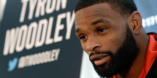DALLAS, TX - MARCH 13: Tyron Woodley speaks with the media during the UFC 171 Ultimate Media Day at American Airlines Center on March 13, 2014 in Dallas, Texas. (Photo by Jeff Bottari/Zuffa LLC/Zuffa LLC via Getty Images)