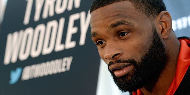 DALLAS, TX - MARCH 13: Tyron Woodley speaks with the media during the UFC 171 Ultimate Media Day at American Airlines Center on March 13, 2014 in Dallas, Texas. (Photo by Jeff Bottari/Zuffa LLC/Zuffa LLC via Getty Images)