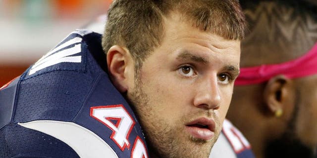 Oct 13, 2013; Foxborough, MA, USA; New England Patriots fullback James Develin (46) during the third quarter against the New Orleans Saints at Gillette Stadium. The Patriots defeated the Saints 30-27. Mandatory Credit: Stew Milne-USA TODAY Sports