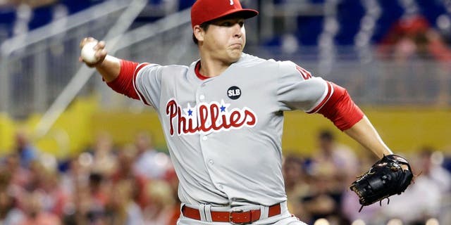 Philadelphia Phillies' starting pitcher Jerad Eickhoff throws in the first inning of a baseball game against the Miami Marlins, Friday, Aug. 21, 2015, in Miami. (AP Photo/Lynne Sladky)