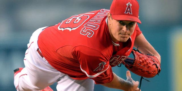 Aug 18, 2015; Anaheim, CA, USA; Los Angeles Angels starting pitcher Garrett Richards (43) in the first inning of the game against the Chicago White Sox at Angel Stadium of Anaheim. Mandatory Credit: Jayne Kamin-Oncea-USA TODAY Sports