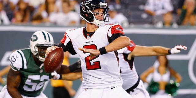 EAST RUTHERFORD, NJ - AUGUST 21: Matt Ryan #2 of the Atlanta Falcons passes against the New York Jets during their pre season game at MetLife Stadium on August 21, 2015 in East Rutherford, New Jersey. (Photo by Al Bello/Getty Images)