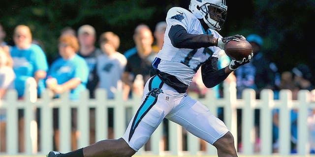 Carolina Panthers wide receiver Devin Funchess catches a pass during practice on Sunday, August 2, 2015, at Wofford College in Spartanburg, S.C. (Jeff Siner/Charlotte Observer/TNS via Getty Images)