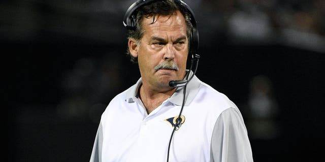 August 14, 2015; Oakland, CA, USA; St. Louis Rams head coach Jeff Fisher against the Oakland Raiders during the second quarter in a preseason NFL football game at O.co Coliseum. Mandatory Credit: Kyle Terada-USA TODAY Sports