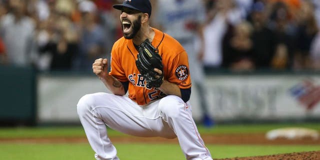 Aug 21, 2015; Houston, TX, USA; Houston Astros starting pitcher Mike Fiers (54) reacts after pitching a no-hitter against the Los Angeles Dodgers at Minute Maid Park. The Astros defeated the Dodgers 3-0. Mandatory Credit: Troy Taormina-USA TODAY Sports