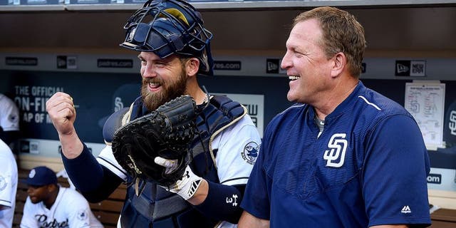 SAN DIEGO, CA - JULY 24: Pat Murphy #24 and Derek Norris #3 of the San Diego Padres talk on the dugout steps prior to the game against the Miami Marlins at Petco Park on July 24, 2015 in San Diego, California. (Photo by Andy Hayt/San Diego Padres/Getty Images)