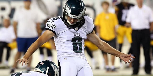 Aug 21, 2014; Philadelphia, PA, USA; Philadelphia Eagles kicker Alex Henery (6) kicks a 36 yard field goal during the second quarter of a game against the Pittsburgh Steelers at Lincoln Financial Field. Mandatory Credit: Bill Streicher-USA TODAY Sports