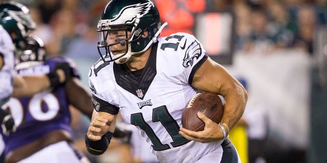 Aug 22, 2015; Philadelphia, PA, USA; Philadelphia Eagles quarterback Tim Tebow (11) runs with the ball against the Baltimore Ravens during the fourth quarter at Lincoln Financial Field. The Eagles won 40-17. Mandatory Credit: Bill Streicher-USA TODAY Sports