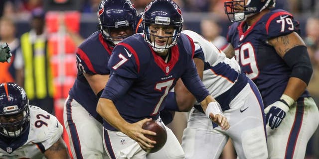 Aug 22, 2015; Houston, TX, USA; Houston Texans quarterback Brian Hoyer (7) scrambles with the ball during the second quarter against the Denver Broncos at NRG Stadium. Mandatory Credit: Troy Taormina-USA TODAY Sports