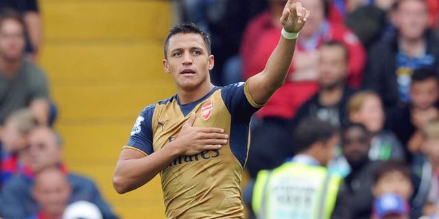 LONDON, ENGLAND - AUGUST 16: Alexis Sanchez celebrates scoring the 2nd Arsenal goal during the Barclays Premier League match between Crystal Palace and Arsenal at Selhurst Park on August 16, 2015 in London, United Kingdom. (Photo by Stuart MacFarlane/Arsenal FC via Getty Images)