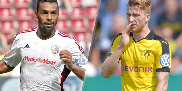 L - MAINZ GERMANY - AUGUST 15: Marvin Matip of Ingolstadt with the ball during the Bundesliga match between 1. FSV Mainz 05 and FC Ingolstadt at Coface Arena on August 15, 2015 in Mainz, Germany. (Photo by Ronald Wittek/Bongarts/Getty Images) R - CHEMNITZ, GERMANY - AUGUST 09: Marco Reus of Dortmund reacts during the DFB Cup first round match between Chemnitzer FC and Borussia Dortmund at Stadion an der Gellertstrasse on August 9, 2015 in Chemnitz, Germany. (Photo by Thomas Eisenhuth/Bongarts/Getty Images)